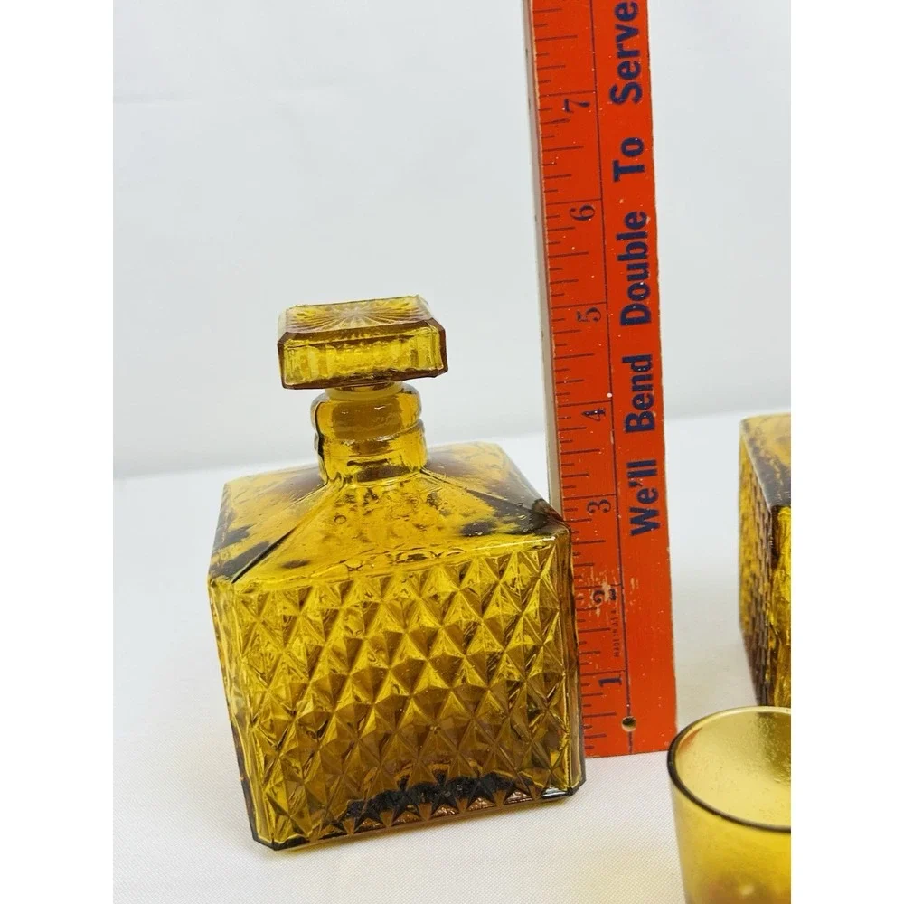 Vintage Amber Square Diamond Point Decanters Glass Stopper Shot Glass MCM Set